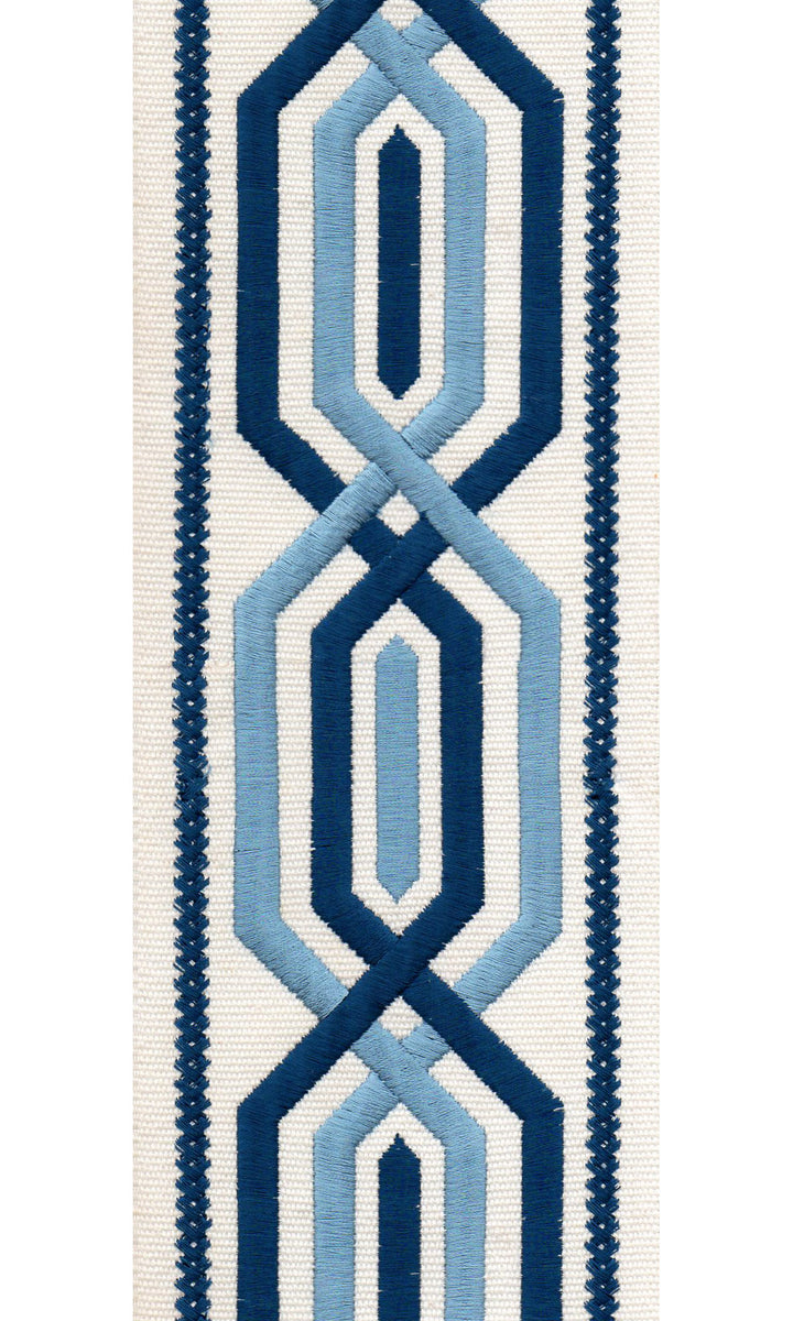 Geometric Cotton Canvas Trim | 4 Inch / 10.16cm Wide Embroidered Border Tape | By The Metre Ivory Blue
