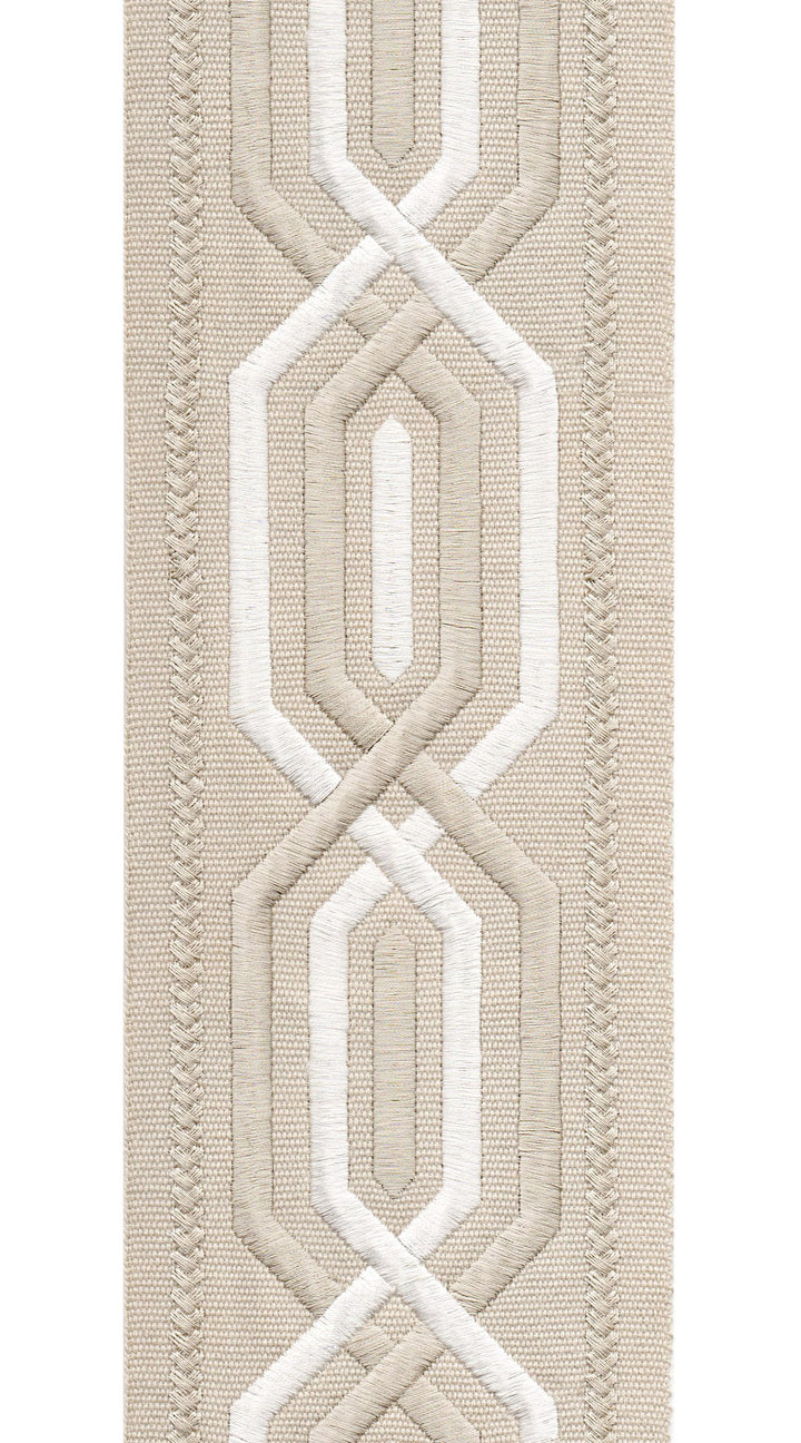 Geometric Cotton Canvas Trim | 4 Inch / 10.16cm Wide Embroidered Border Tape | By The Metre Taupe Cream