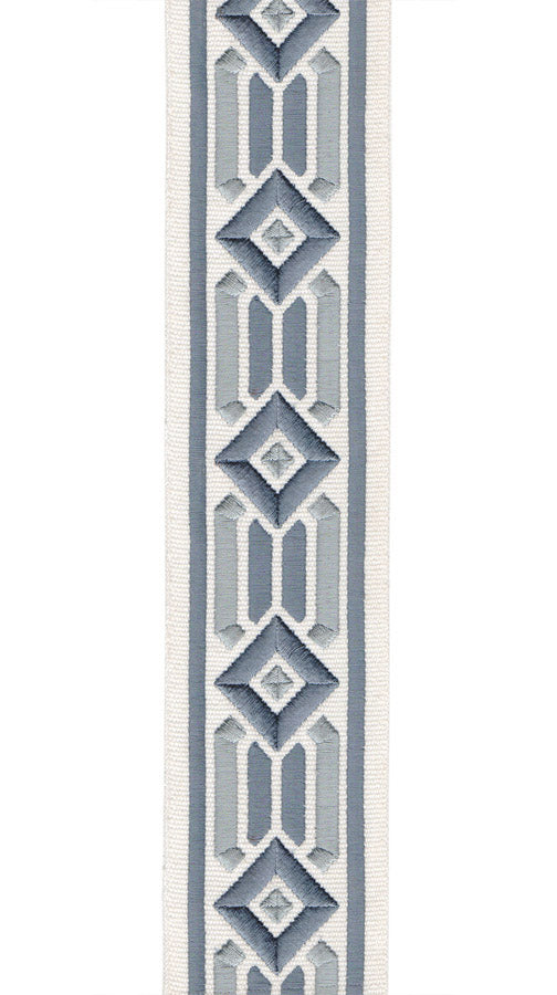 Geometric Embroidered Trim | 6cm Wide Cotton Canvas | Modern Design for Curtains, Cushions & Crafts | By the Metre Ivory Aubergine
