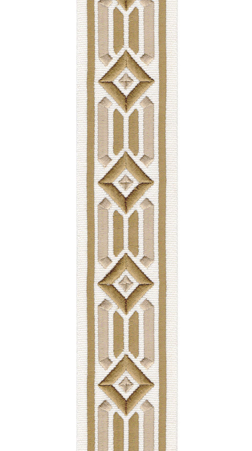 Geometric Embroidered Trim | 6cm Wide Cotton Canvas | Modern Design for Curtains, Cushions & Crafts | By the Metre Ivory Copper