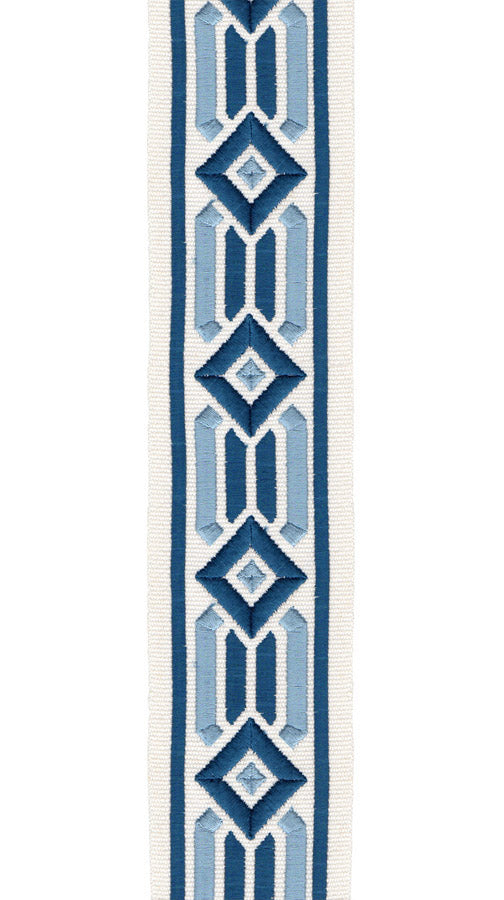 Geometric Embroidered Trim | 6cm Wide Cotton Canvas | Modern Design for Curtains, Cushions & Crafts | By the Metre Ivory Navy
