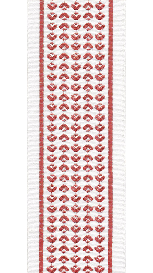 Embroidered Flame Stitch Trim | 10cm Wide Cotton Canvas | Boho Design for Curtains, Cushions & Crafts Ivory Coral