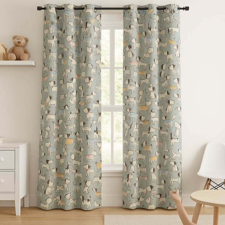 Puppy Parade Cotton Kids Curtains – Pastel Blue Dog Print Drapes, Light-Filtering or 100 % Blackout