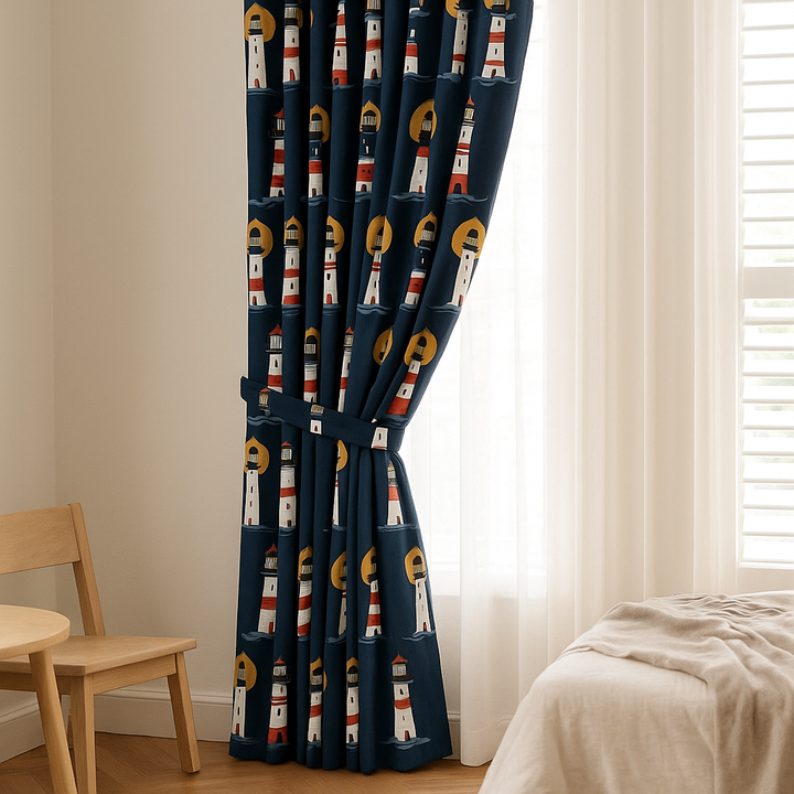Lighthouse Navy Cotton Kids Curtains – Nautical Bedroom Drapes, Light-Filtering or 100 % Blackout