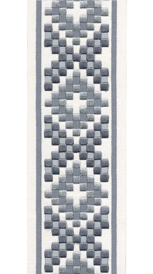 Embroidered Trim | 10cm Wide | Geometric Pattern | Gray, Silver & White | Curtains, Upholstery & Crafts Ivory Grey
