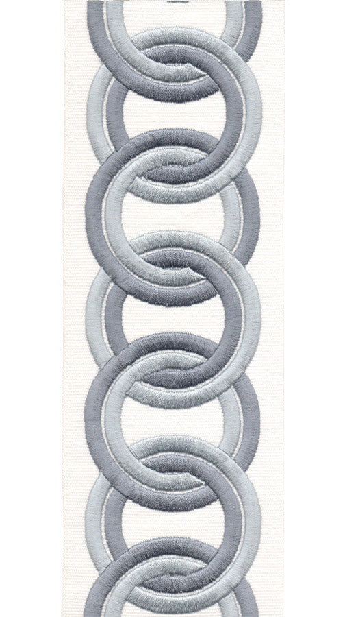 Circle Trim | Embroidered Chain Link Design | 10cm Wide Cotton Canvas | Curtains, Cushions & Crafts | By the Metre Ivory Grey