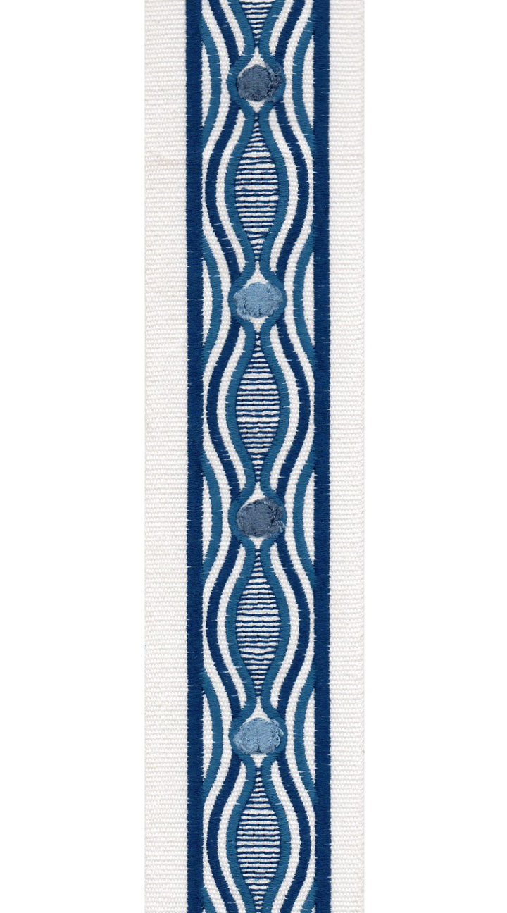 Wavy Pattern Cotton Canvas Trim | 2.5 Inch / 6.35cm Detailed Border Tape | By The Metre Ivory Navy