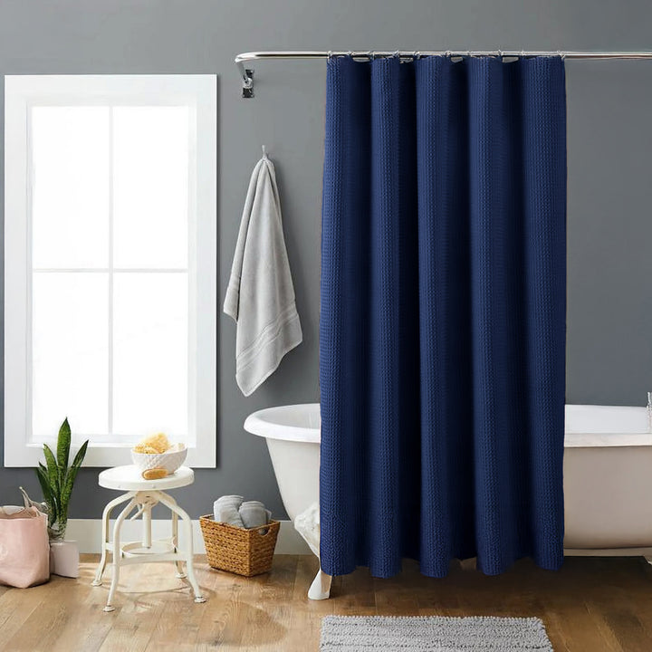 Navy Blue Organic Cotton Waffle Shower Curtain | Mold Resistant | Quick Dry