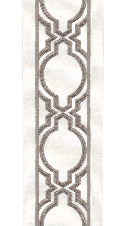 Embroidered Geometric Trim | 10cm Wide Cotton Canvas | Modern Design for Curtains, Cushions & Crafts | By the Metre Ivory Grey