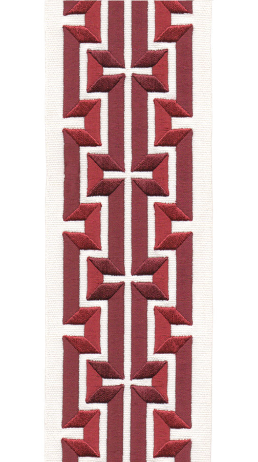 Geometric Embroidered Trim Greek Key | 10cm Wide | Modern Design for Curtains, Cushions & Crafts | By the Metre Ivory Red