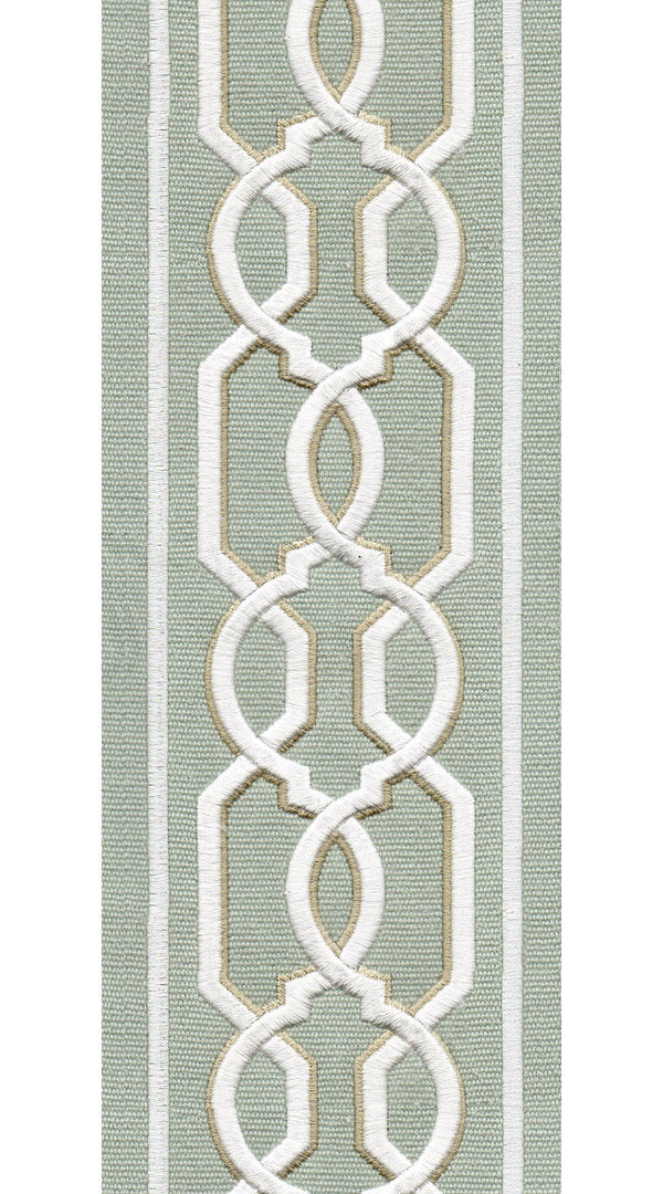 Ogee Pattern Cotton Canvas Trim | 4 Inch / 10.16cm Wide Embroidered Border Tape | By The Metre Aqua Kora