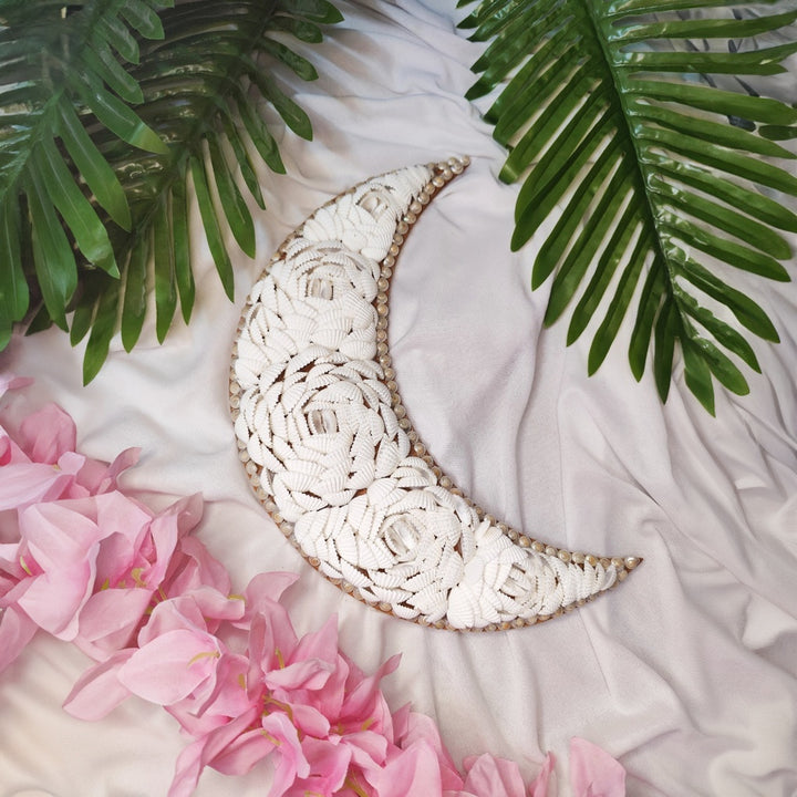 Handmade Seashell Moon Wall Art - 12" Crescent Moon Decor - Coastal Style