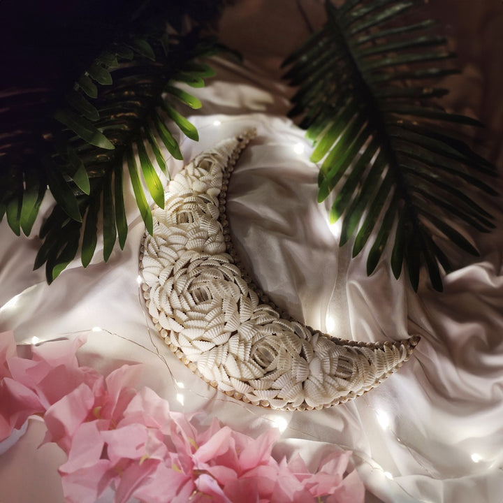 Handmade Seashell Moon Wall Art - 12" Crescent Moon Decor - Coastal Style
