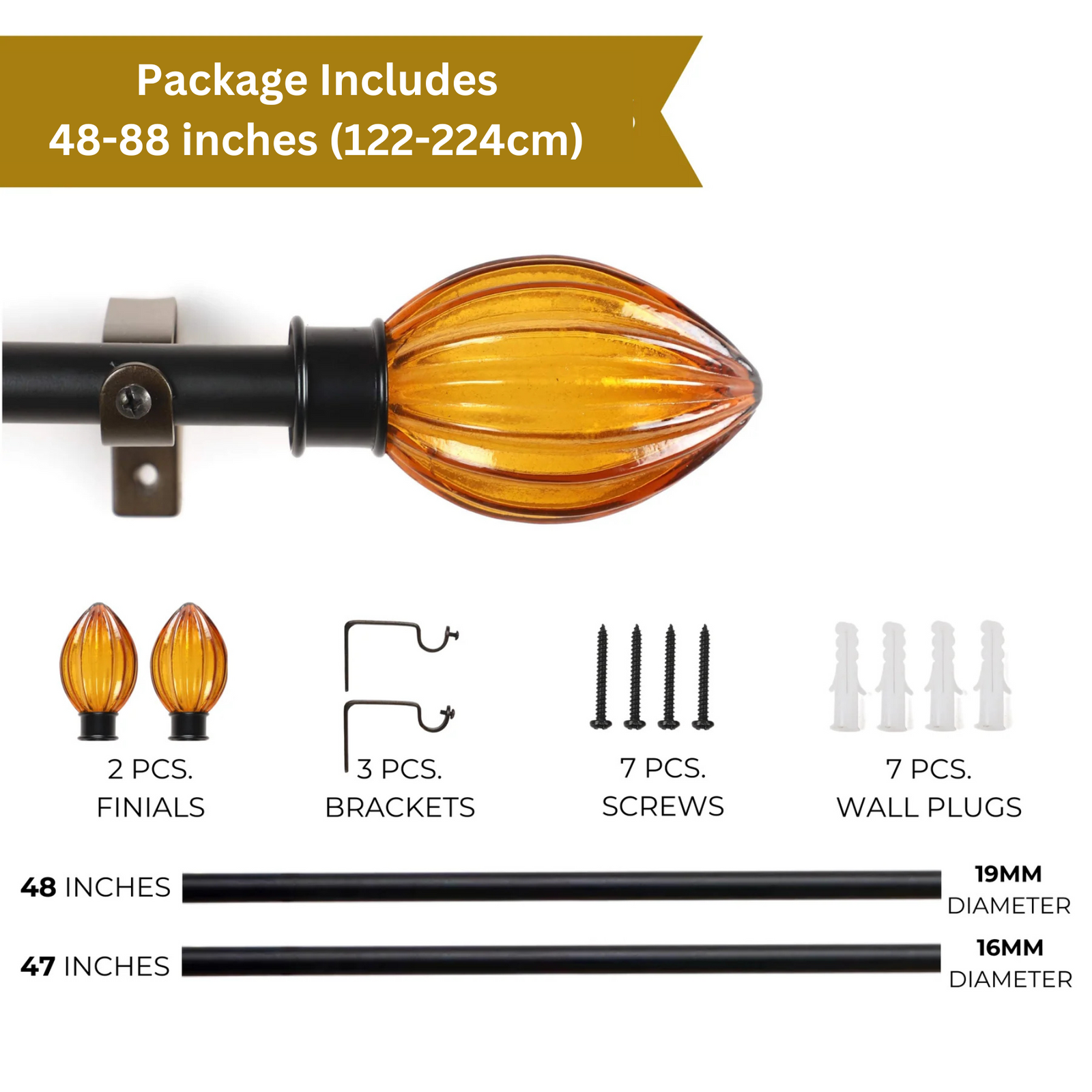 Black Extendable Curtain Pole | 19mm | Textured Ceramic Finials | 61-366cm