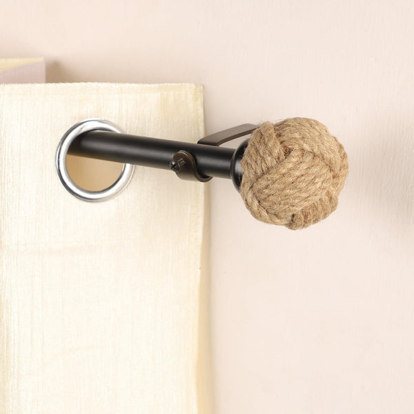 Black Extendable Curtain Pole | 25mm | Jute Rope Finials | 61-366cm