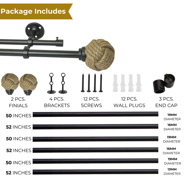 Black Double Curtain Pole with Rope Finials | Extendable & Adjustable | 28 to 144 Inch