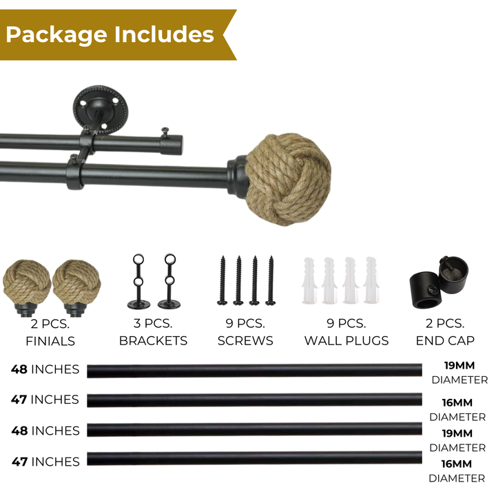 Black Double Curtain Pole with Rope Finials | Extendable & Adjustable | 28 to 144 Inch