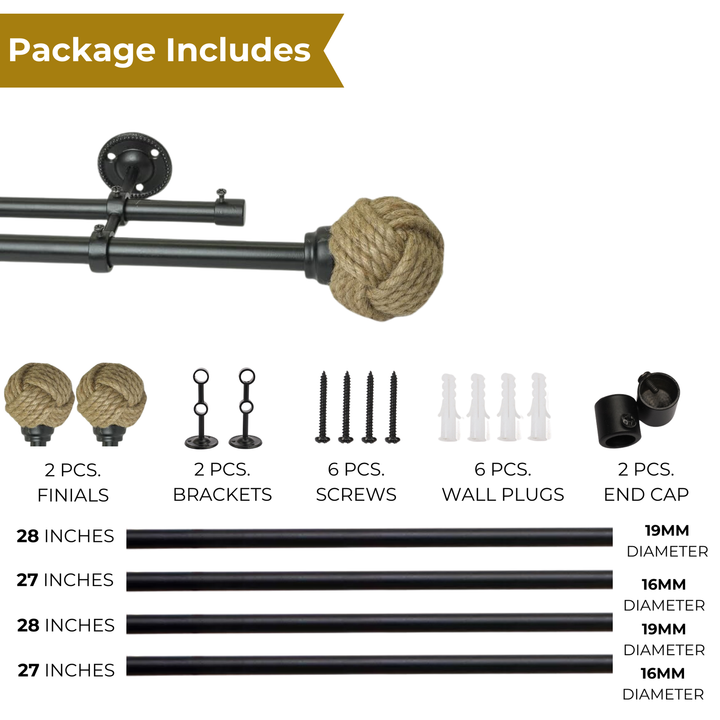 Black Double Curtain Pole with Rope Finials | Extendable & Adjustable | 28 to 144 Inch