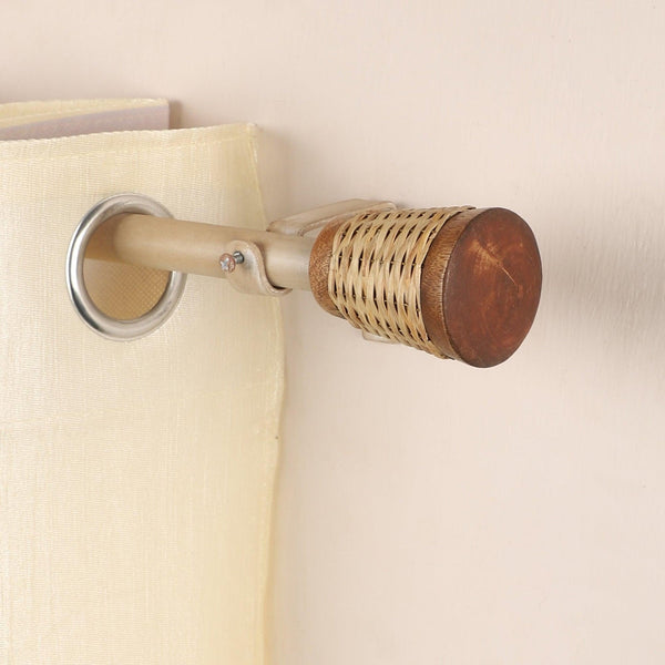 Beige Extendable Curtain Pole | Wooden Rattan Woven Finials | 61-366cm