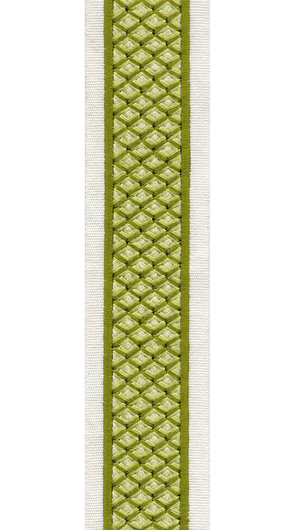Woven Cotton Canvas Trim | 2.5 Inch / 6.35cm Textured Geometric Border Tape | By The Metre Ivory Green
