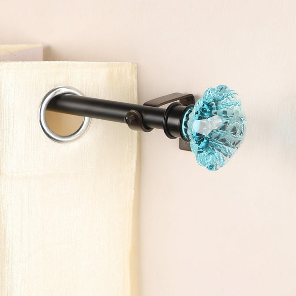 Black Extendable Telescopic Curtain Pole | Rod With Turquoise Glass Finials | 61-366cm