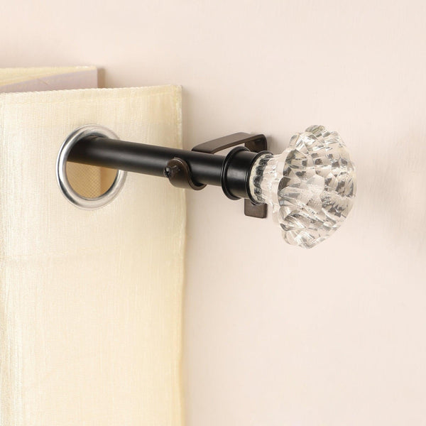Black Extendable Telescopic Curtain Pole | Rod With Crystal Glass Finials | 61-366cm
