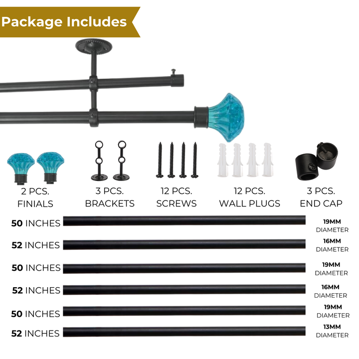 Double Curtain Pole | Black | Extendable | Turquoise Ball Finials | 28-144 Inch