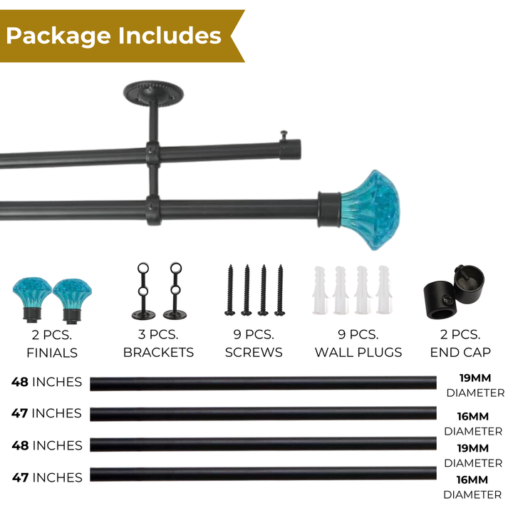 Double Curtain Pole | Black | Extendable | Turquoise Ball Finials | 28-144 Inch