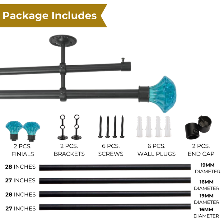 Double Curtain Pole | Black | Extendable | Turquoise Ball Finials | 28-144 Inch