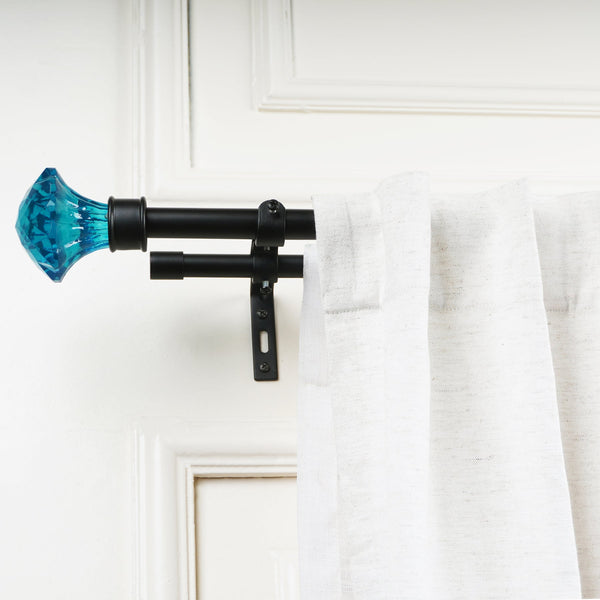 Double Curtain Pole | Black | Extendable | Turquoise Ball Finials | 28-144 Inch