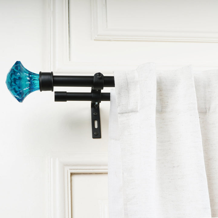 Double Curtain Pole | Black | Extendable | Turquoise Ball Finials | 28-144 Inch