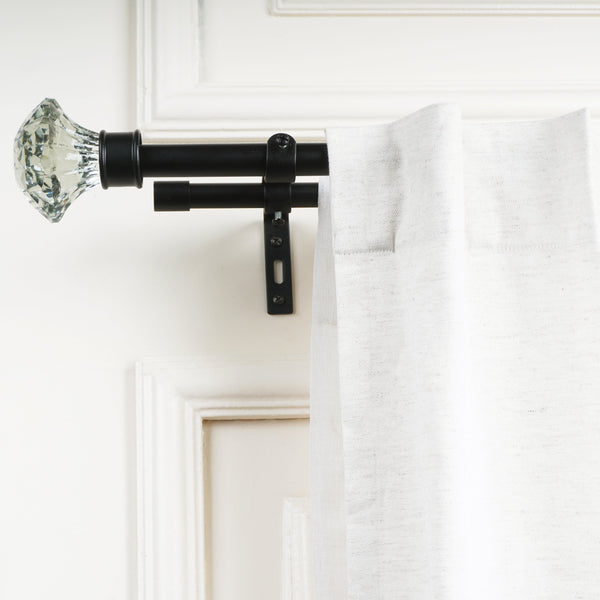 Double Curtain Pole | Black | Extendable & Adjustable | 28-144 Inch | Crystal Glass Finials