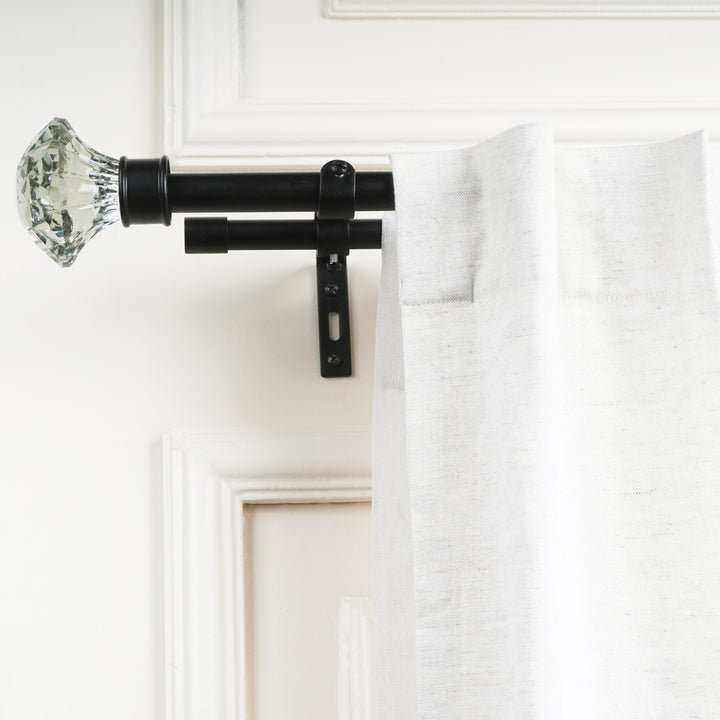 Double Curtain Pole | Black | Extendable & Adjustable | 28-144 Inch | Crystal Glass Finials