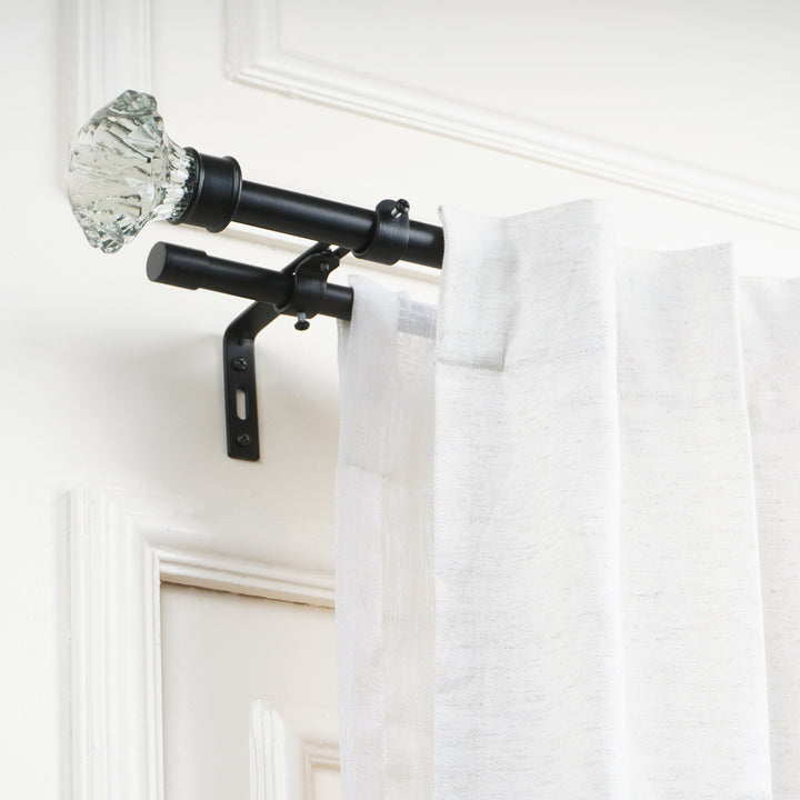 Double Curtain Pole | Black | Extendable & Adjustable | 28-144 Inch | Crystal Glass Finials