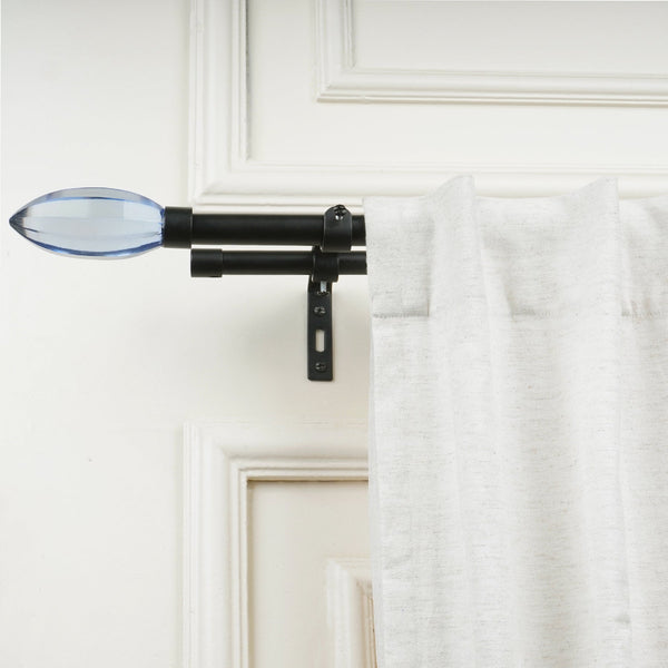 Black Double Curtain Pole Set with Crystal Finials - Extendable, Telescopic, Rustproof - 71-122cm, 122-224cm, 213-366cm