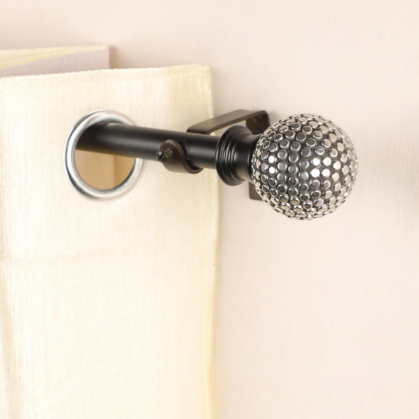Black Extendable Telescopic Curtain Pole | Rod With Studded Ball Finials | 61-366cm