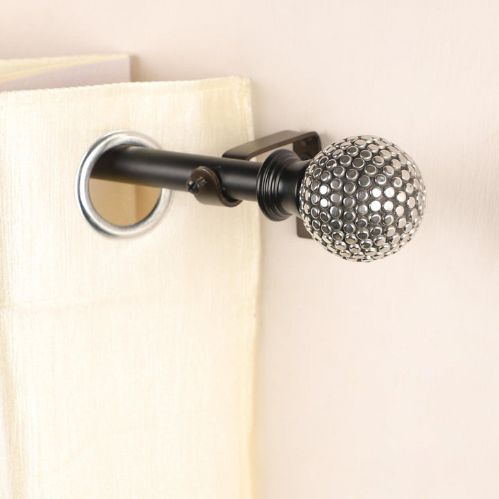 Black Extendable Telescopic Curtain Pole | Rod With Studded Ball Finials | 61-366cm