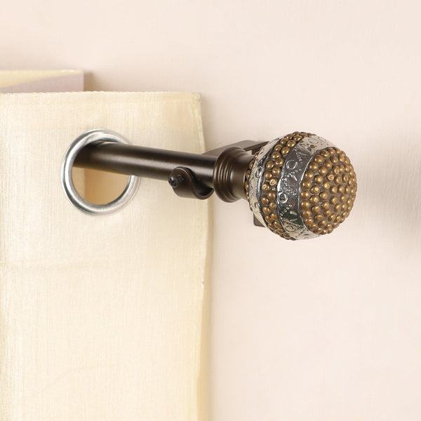 Black Extendable Telescopic Curtain Pole | Rod With Antique Brass Studded Finials | 61-366cm