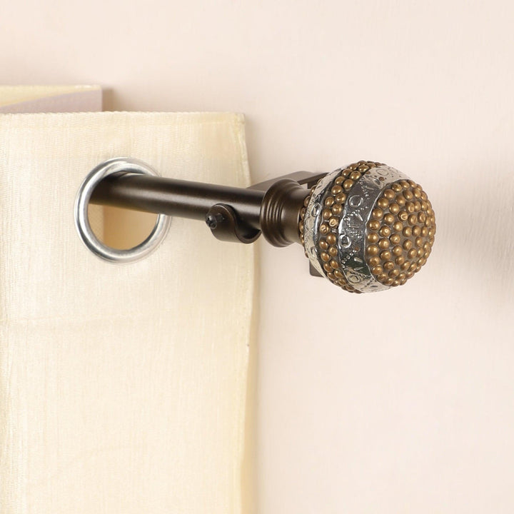 Black Extendable Telescopic Curtain Pole | Rod With Antique Brass Studded Finials | 61-366cm