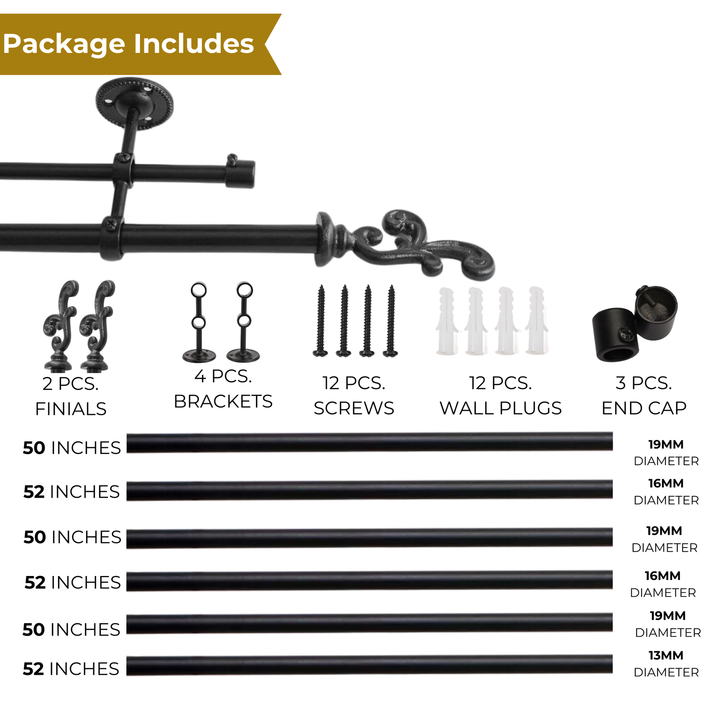 Black Extendable Double Curtain Pole | Ornate Finials | 28 to 144 Inch | Strong & Durable