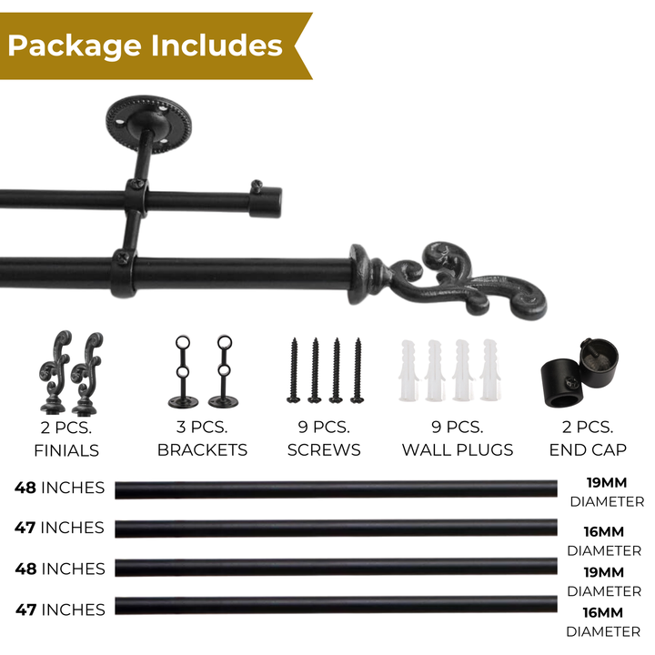 Black Extendable Double Curtain Pole | Ornate Finials | 28 to 144 Inch | Strong & Durable