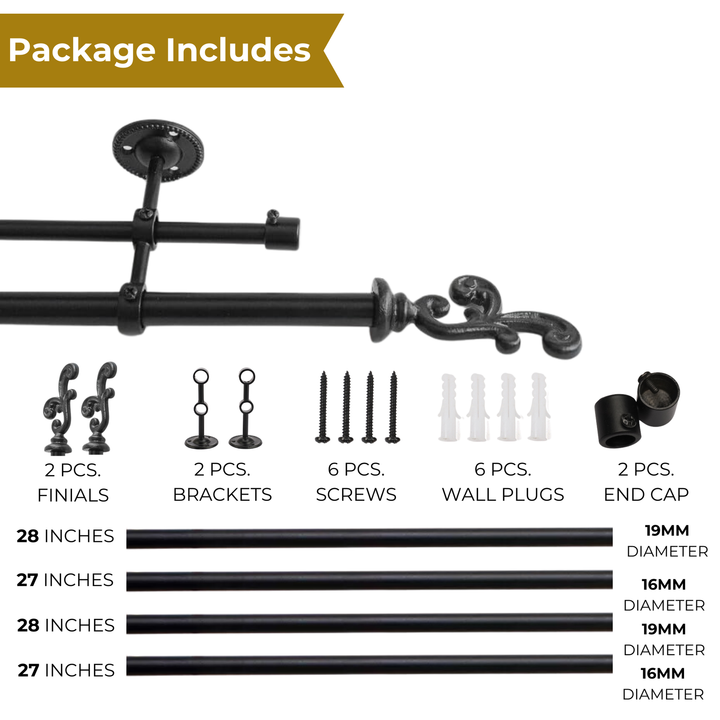 Black Extendable Double Curtain Pole | Ornate Finials | 28 to 144 Inch | Strong & Durable