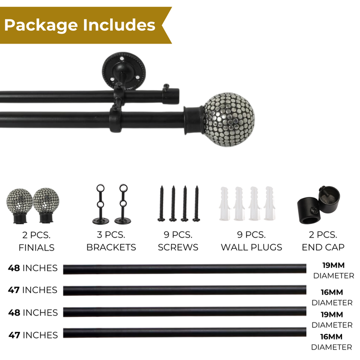Black Double Curtain Pole with Ball Finials | Extendable & Adjustable | For Bay Windows | Small & Large Windows