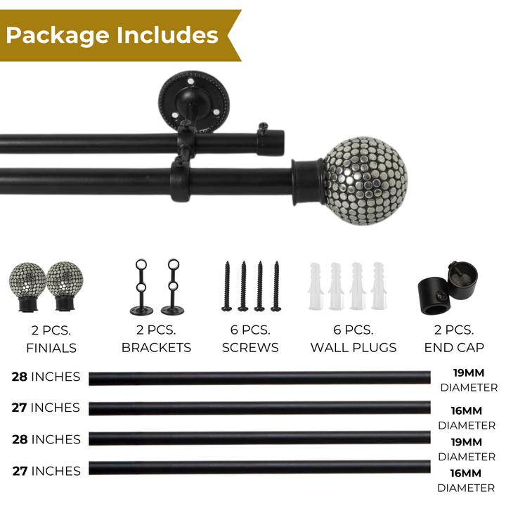 Black Double Curtain Pole with Ball Finials | Extendable & Adjustable | For Bay Windows | Small & Large Windows