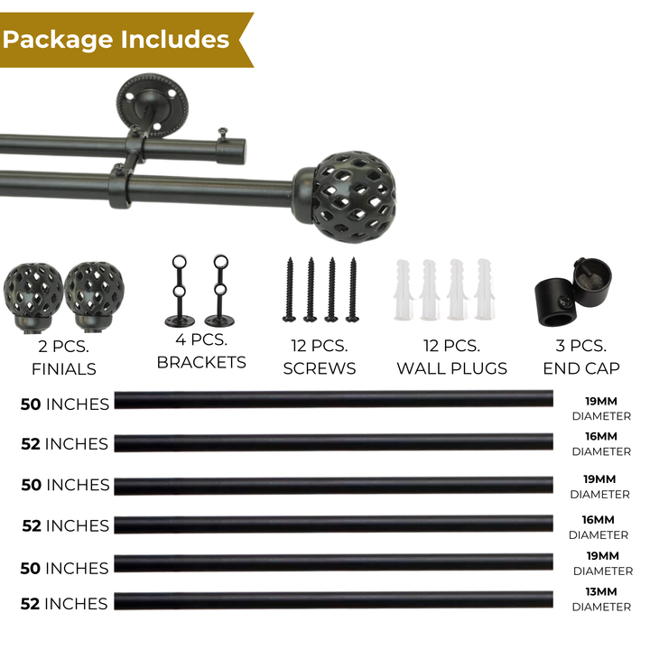 Double Curtain Pole | Black | Extendable & Adjustable | 28-144 Inch | Geometric Ball Finials