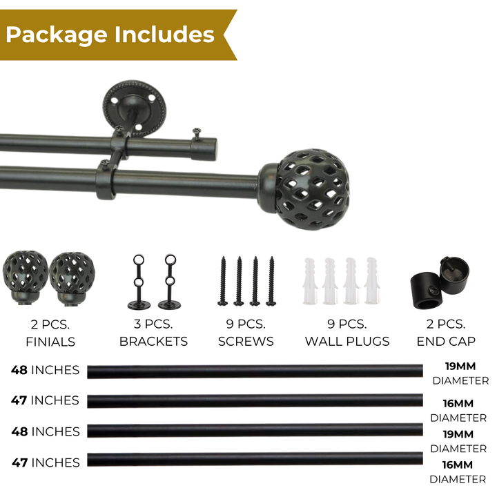 Double Curtain Pole | Black | Extendable & Adjustable | 28-144 Inch | Geometric Ball Finials