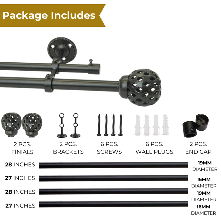 Double Curtain Pole | Black | Extendable & Adjustable | 28-144 Inch | Geometric Ball Finials