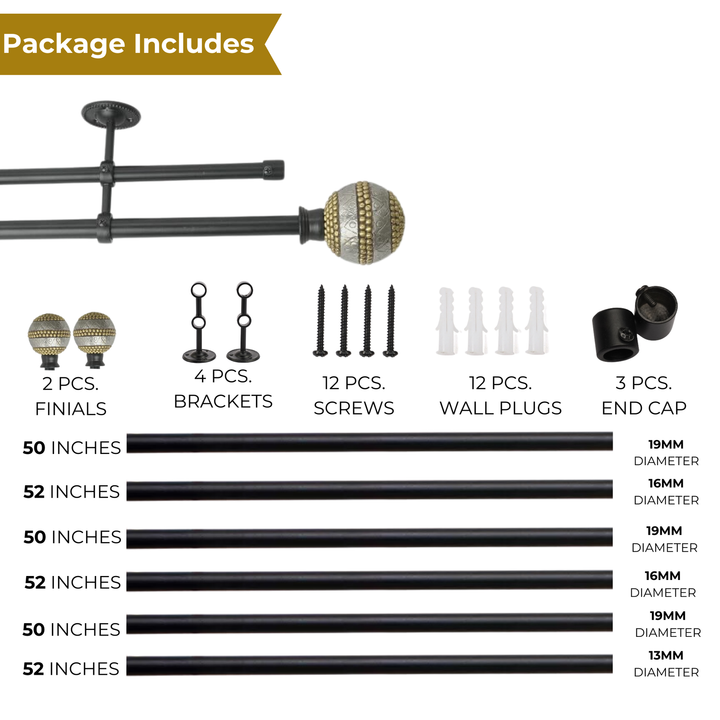 Double Curtain Pole | Black | Extendable | Beaded Ball Finials | 28-144 Inch