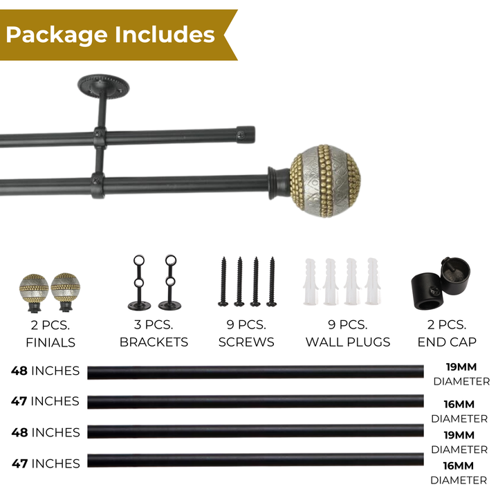 Double Curtain Pole | Black | Extendable | Beaded Ball Finials | 28-144 Inch