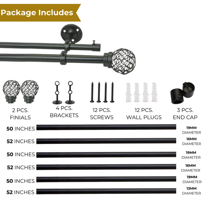 Black Extendable Double Curtain Pole With Decorative Cage Style Ball Finials